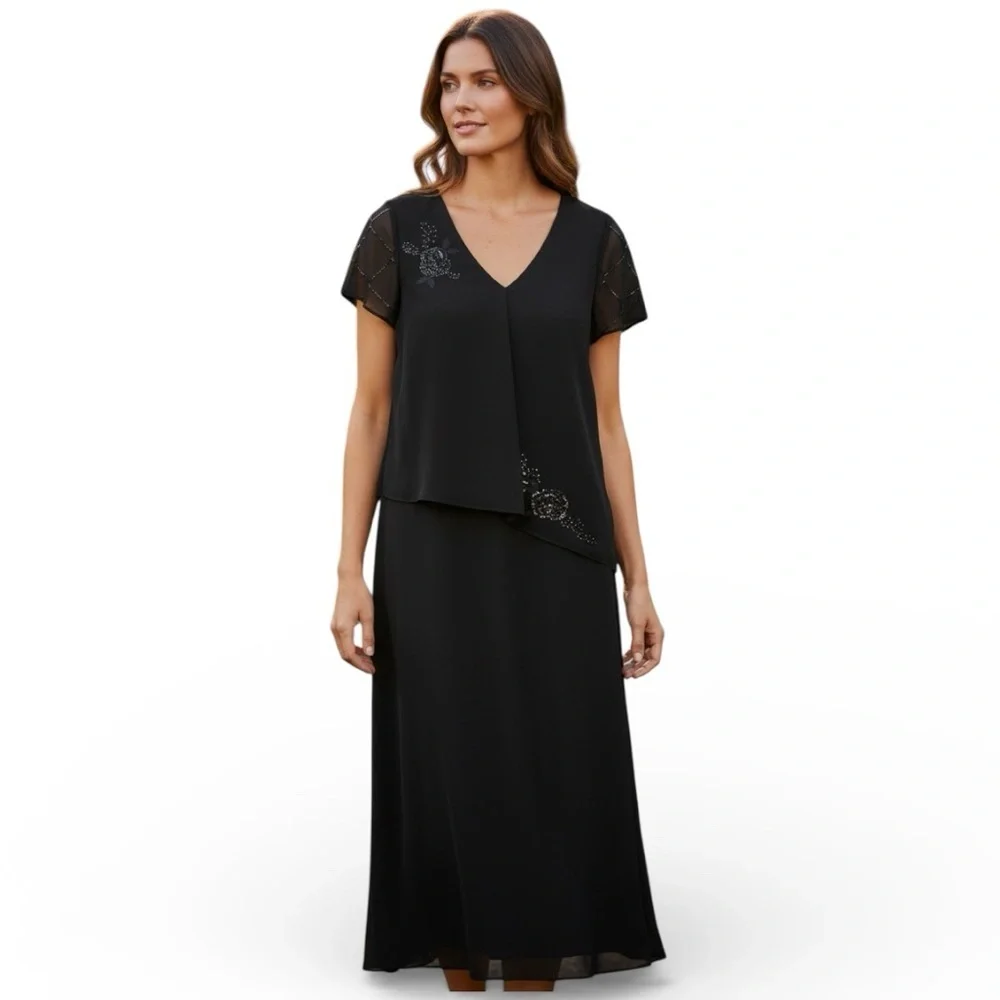 R & K Originals Black Chiffon Dress Sz 12 Short Sleeve Round Neck Sequin Accent - Picture 11 of 12